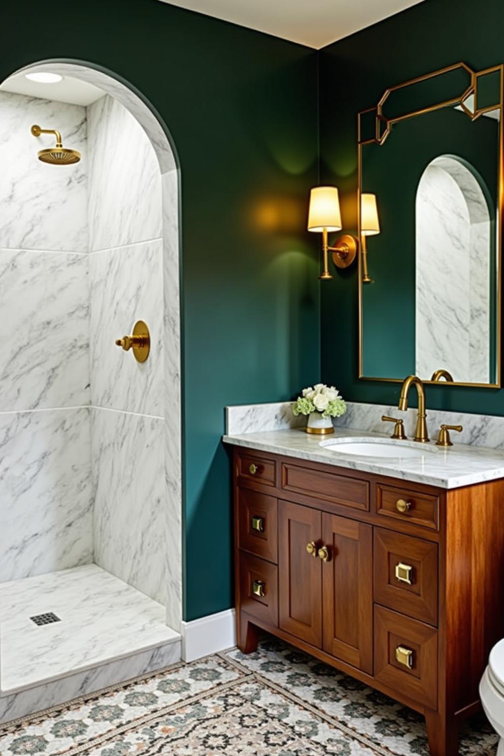 Luxurious green and marble bathroom with wooden vanity