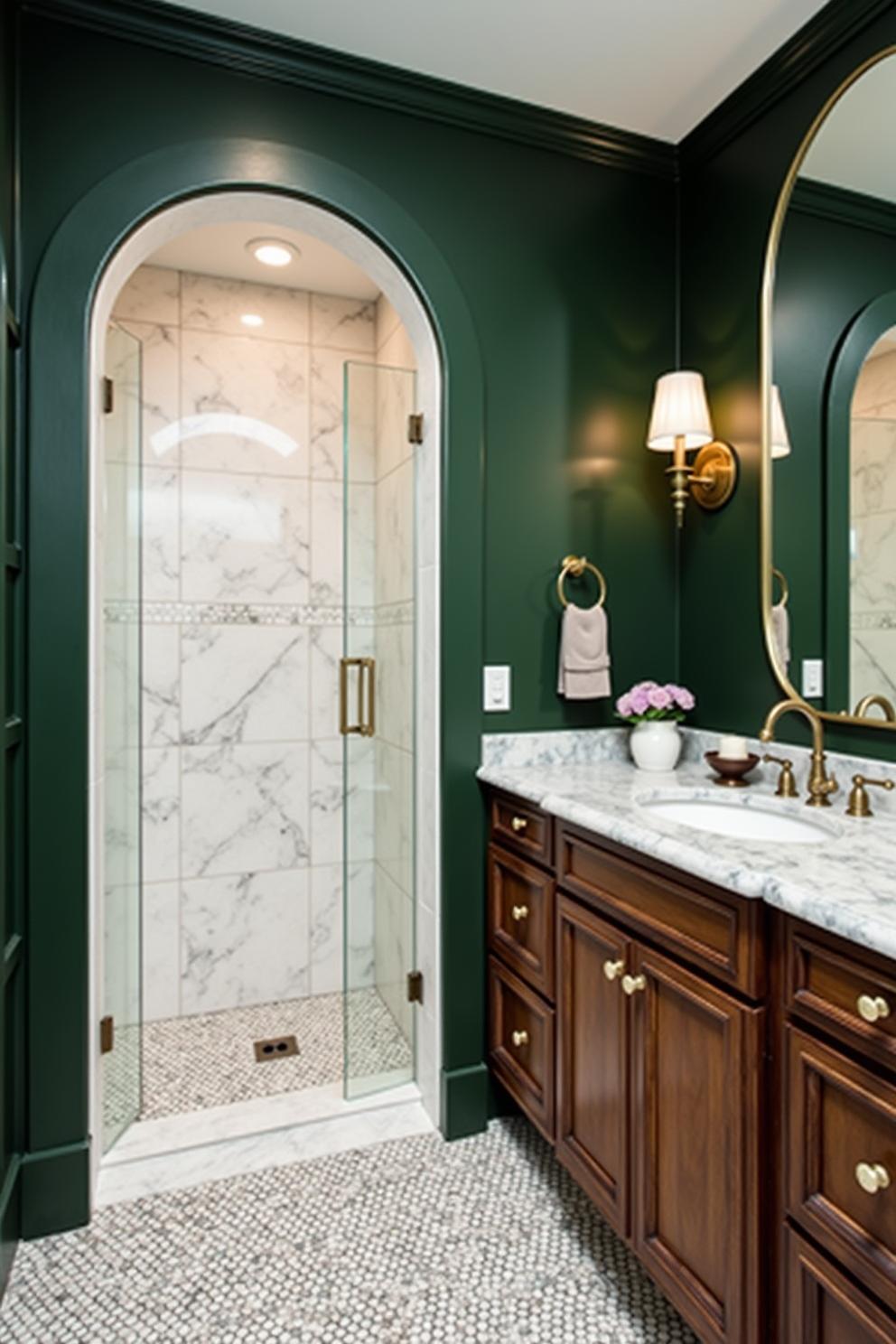 Luxurious green bathroom with marble accents