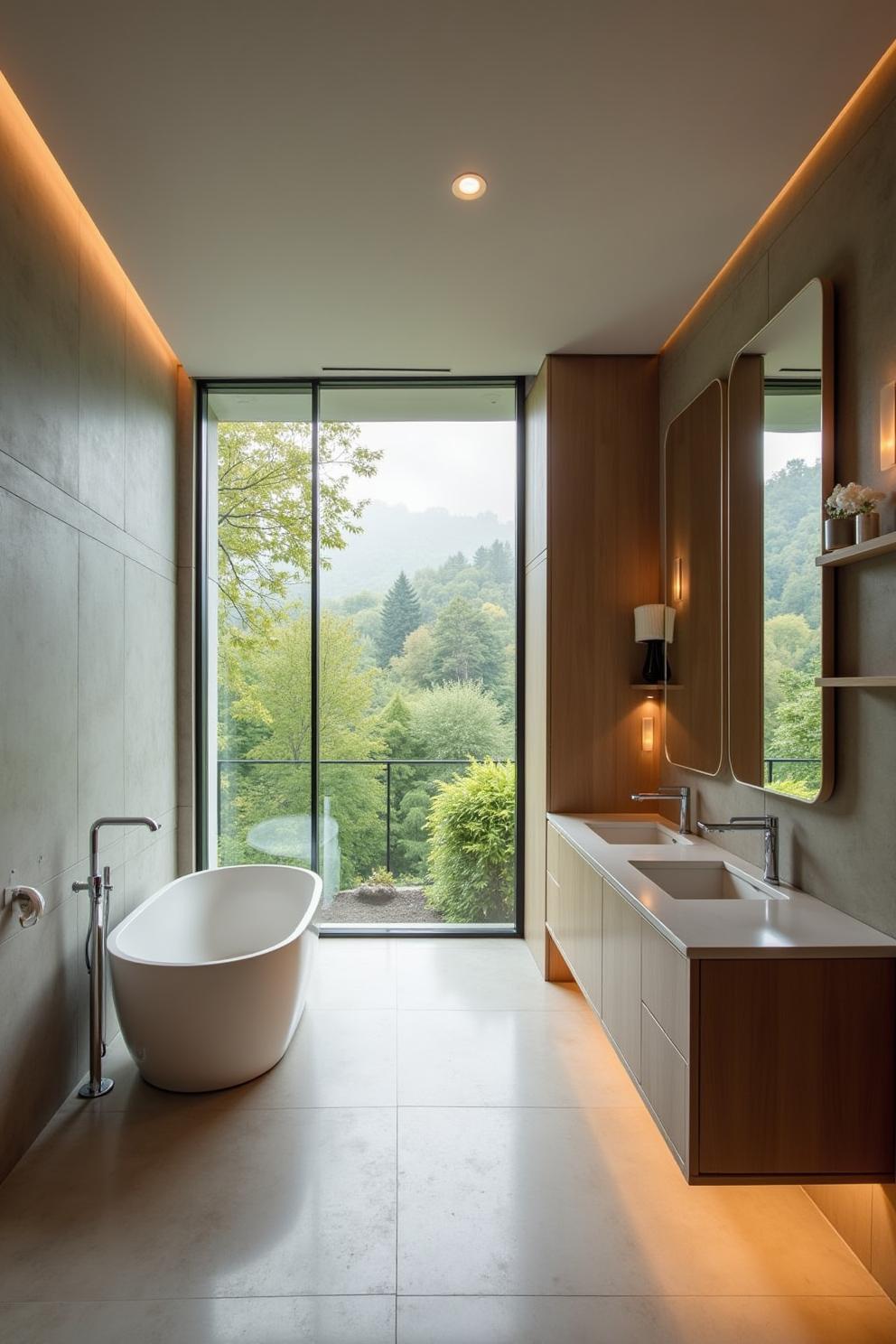 Modern bathroom with large window and freestanding tub