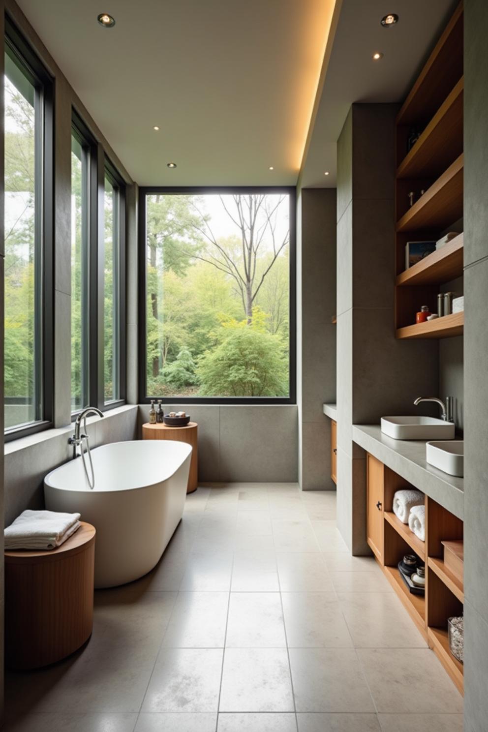 Modern bathroom with large window, bathtub, and wooden shelving