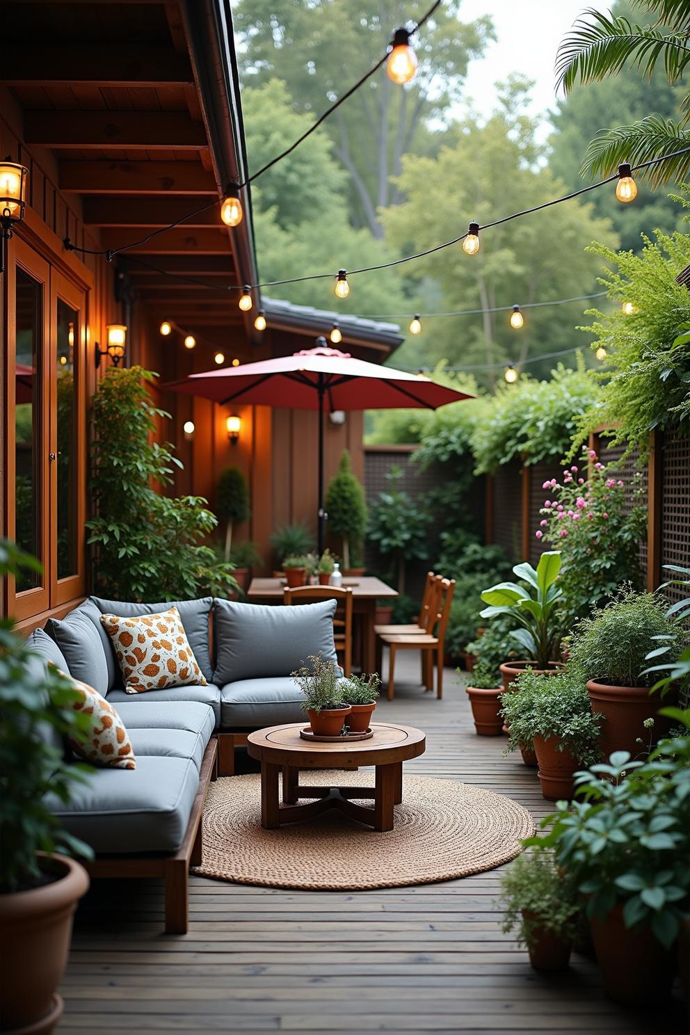 Cozy patio with string lights, plants, and seating