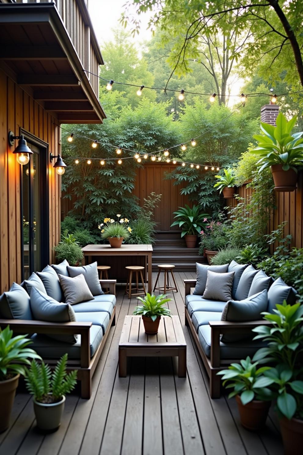 Cozy patio area with sofas and string lights