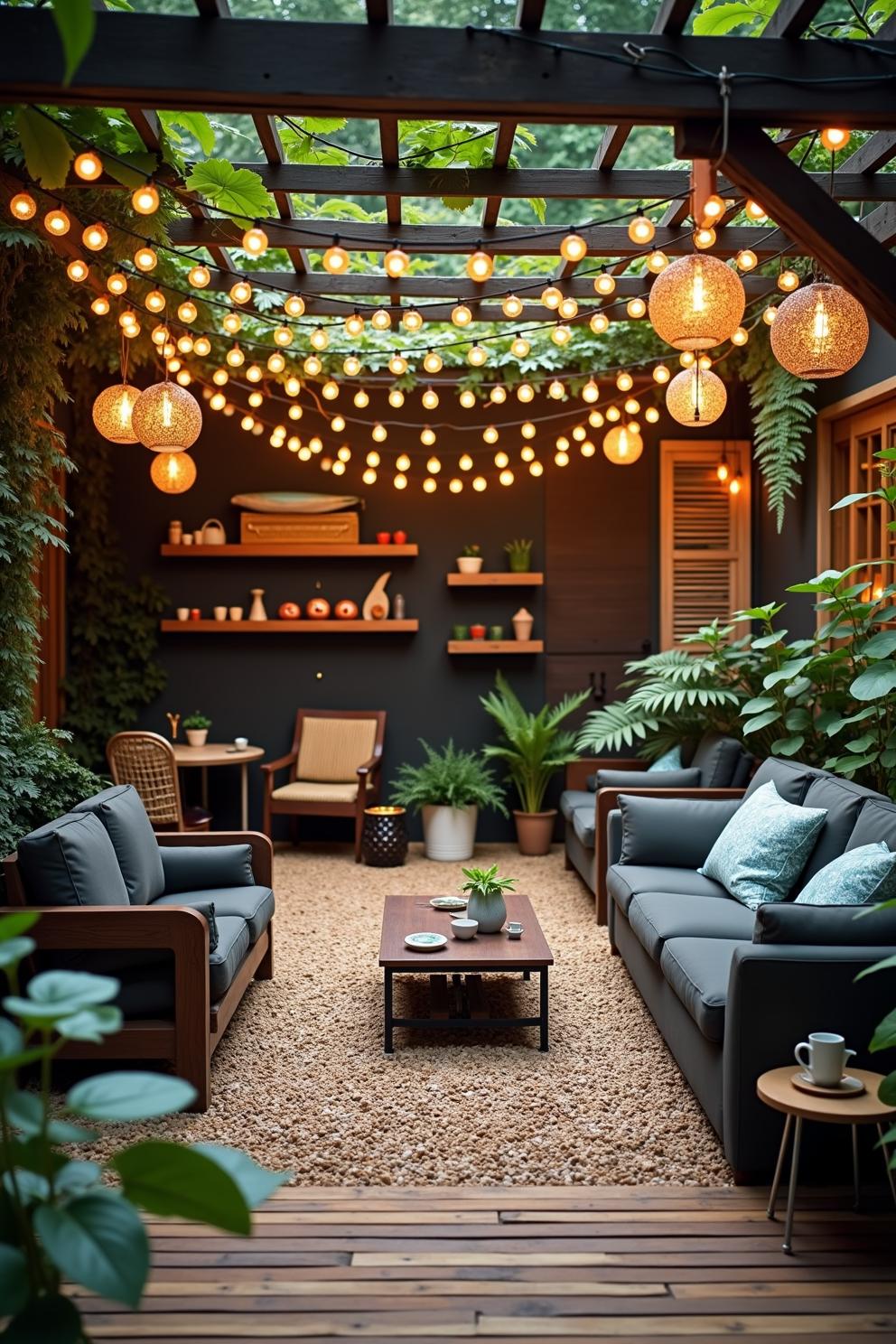 Outdoor seating area with string lights and greenery