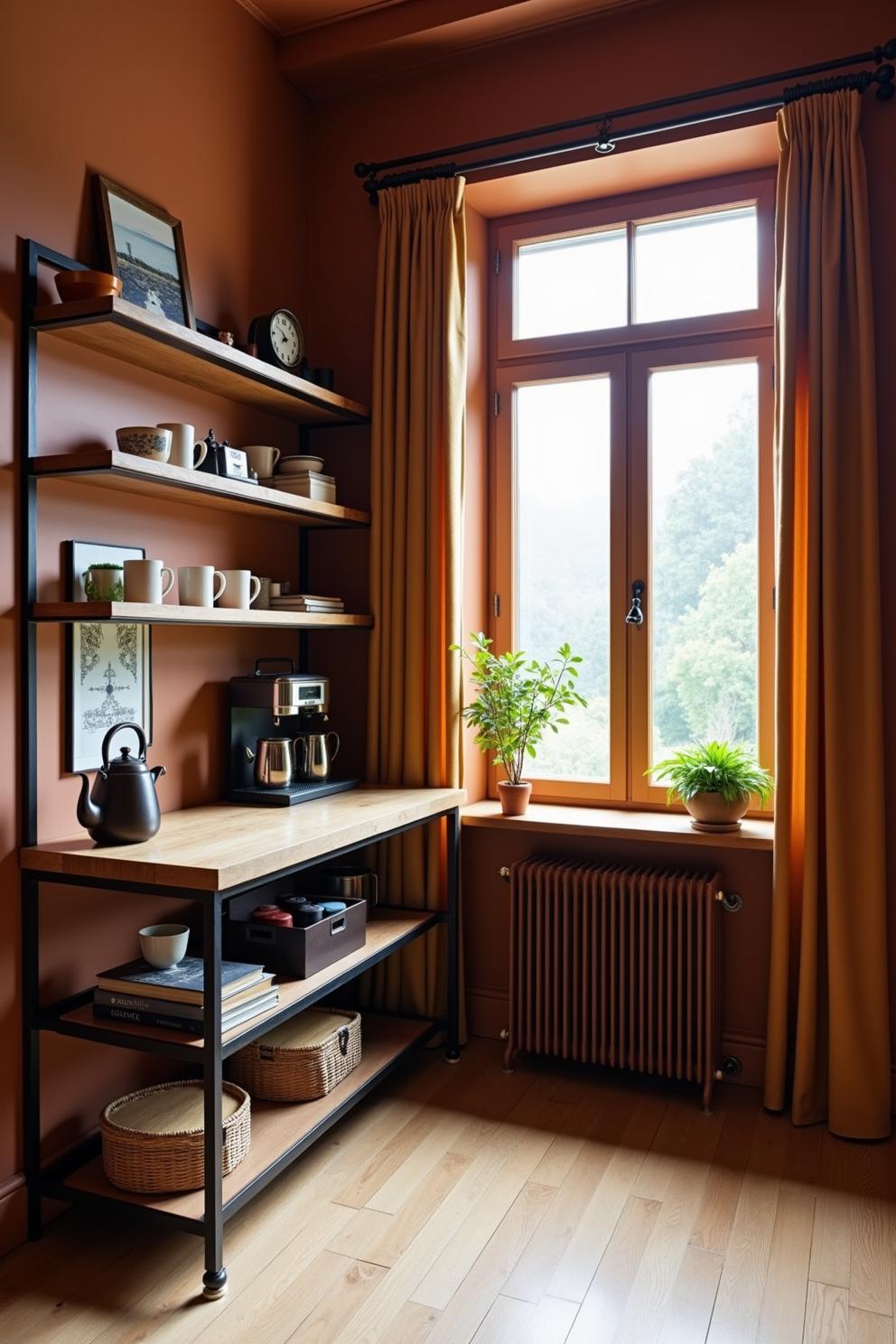 Cozy coffee corner with shelves and plants