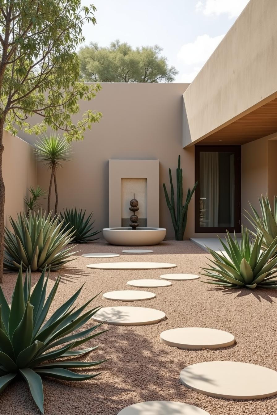 Modern desert courtyard with round stepping stones and cactus plants