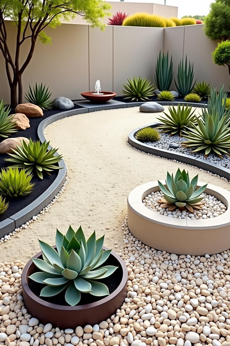 A serene minimalist dry garden with an emphasis on clean lines and a natural palette of earth tones is designed with drought tolerant plants. This