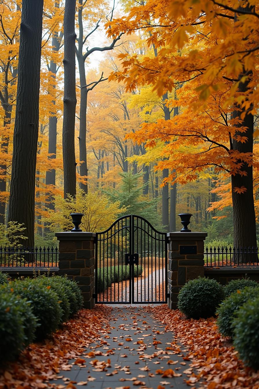 Iron gate in autumn forest with pathway and colorful leaves