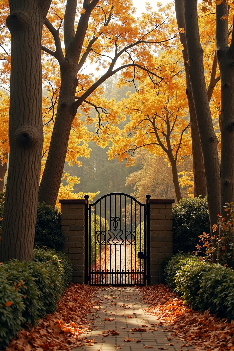 Elegant black metal gate in a sunlit autumn pathway