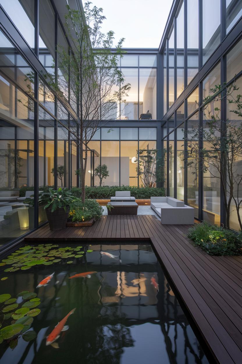 Rectangular koi pond with decking and modern seating