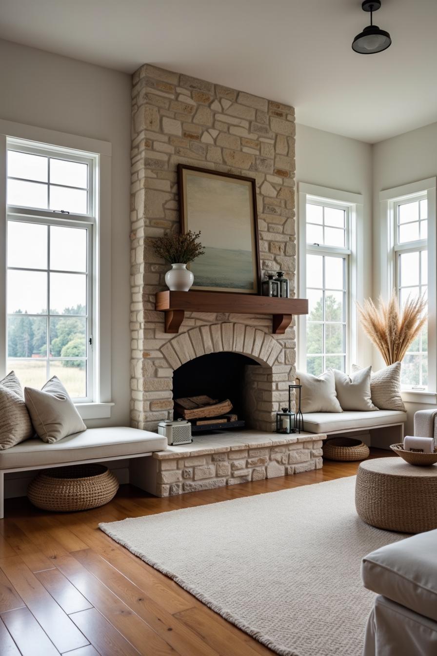 Rustic stone fireplace with cozy seating