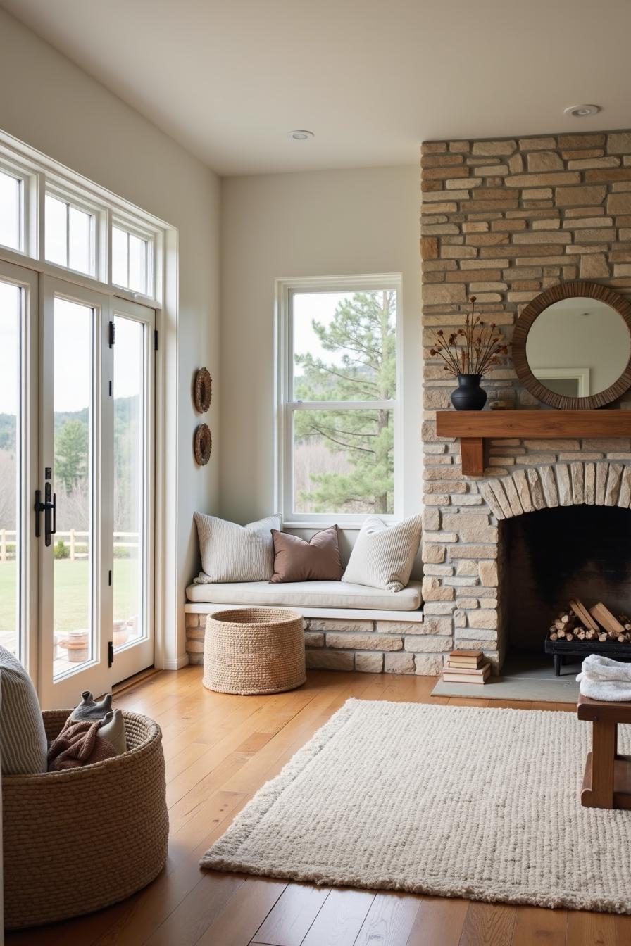 Inviting stone fireplace with cozy accents