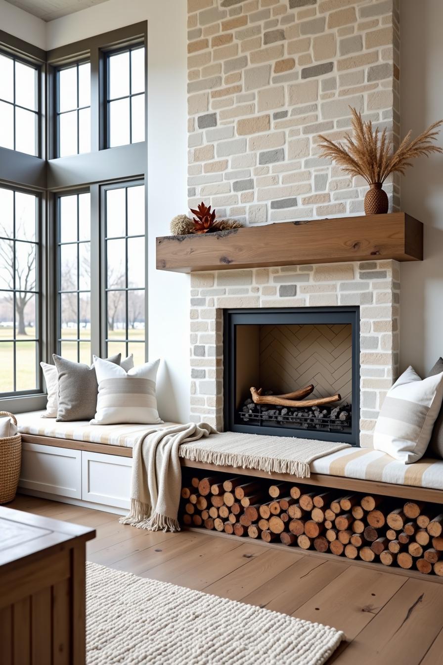 Rustic fireplace with wooden mantel and cozy seating