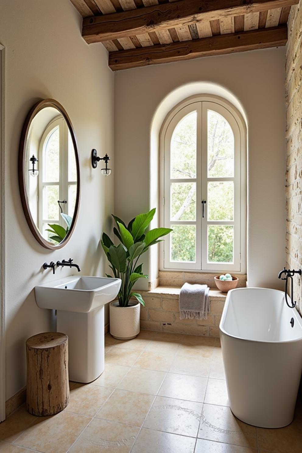 Elegant bathroom with natural light and greenery