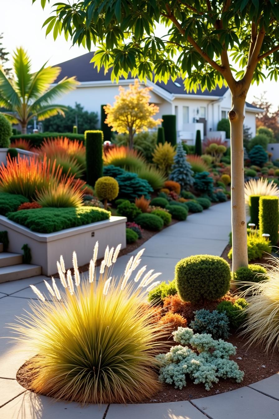 Colorful xeriscape garden with diverse plants and shrubs