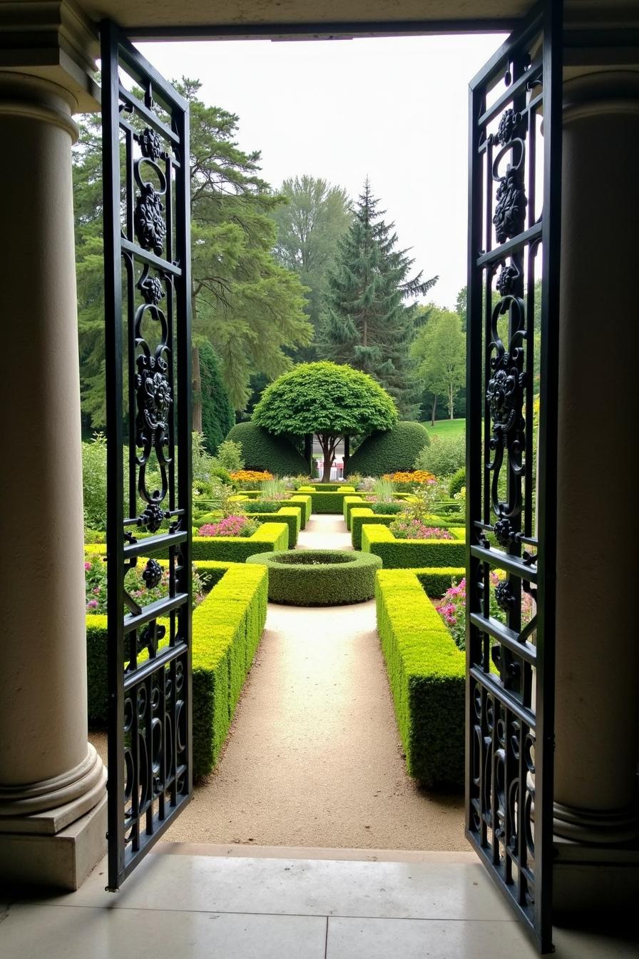 Open wrought iron gate leading to a lush garden pathway