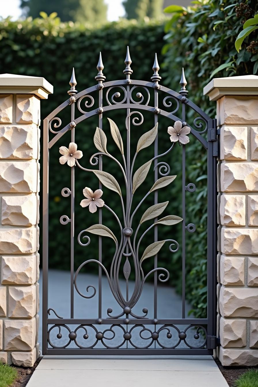 Artistic iron gate with floral accents