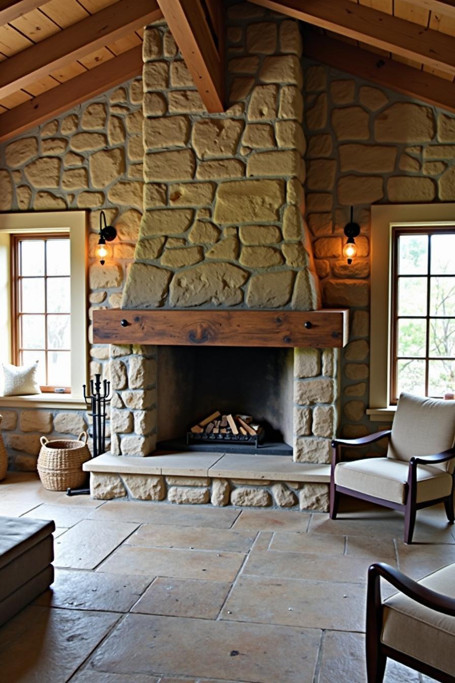 Rustic fireplace with stone surround and wooden mantle