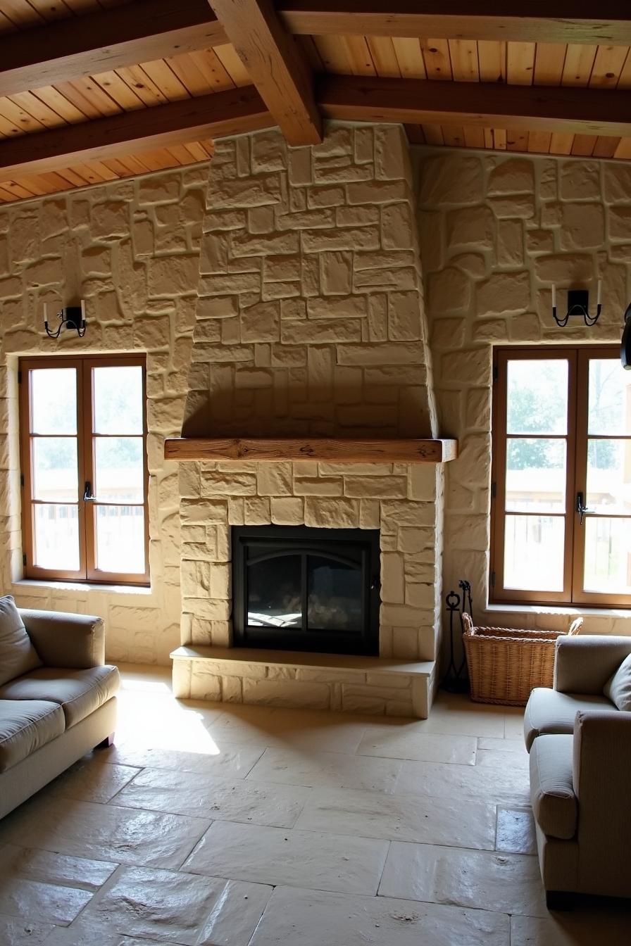 Charming farmhouse fireplace with stone mantle and wooden beams