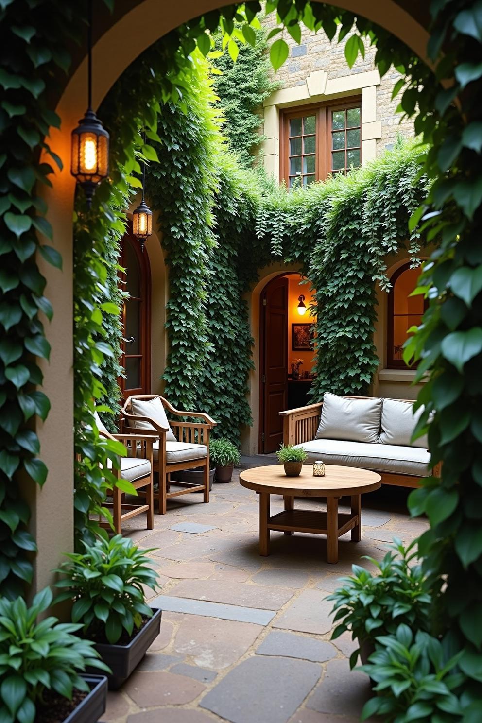 Outdoor seating area in a courtyard surrounded by green vines