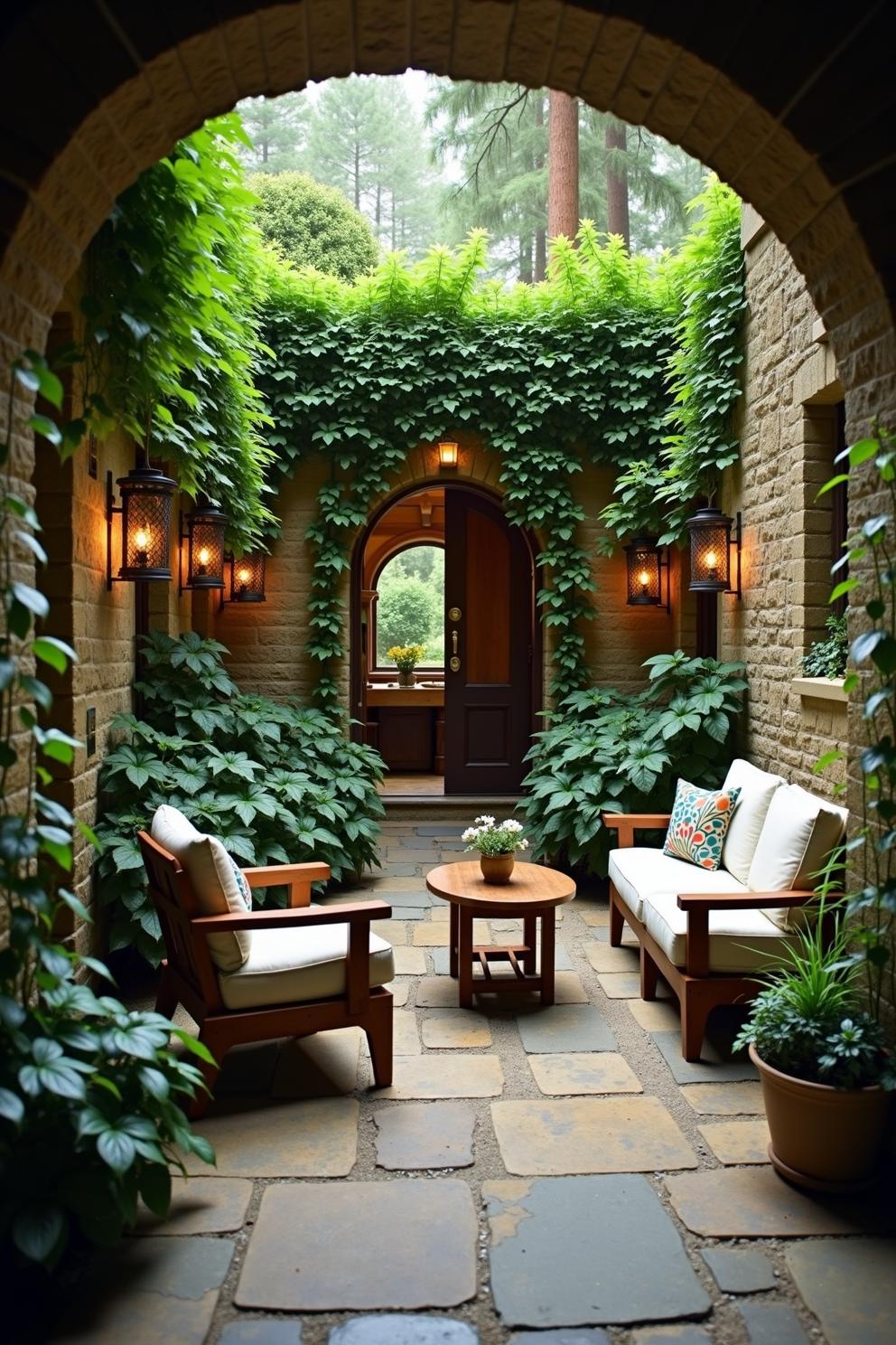 Cozy courtyard with lush greenery and seating