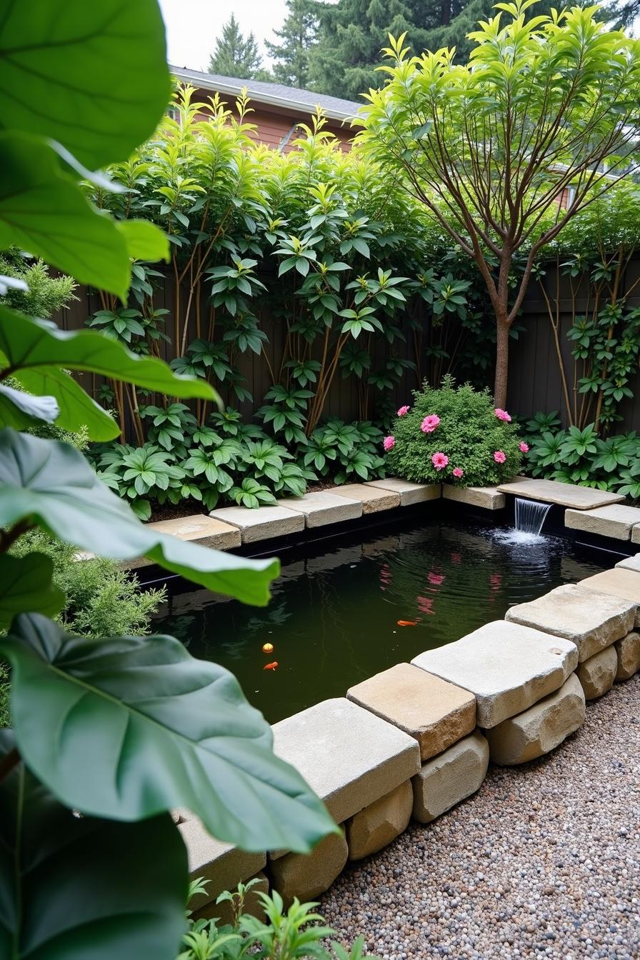 Serene koi pond with lush greenery and stone accents