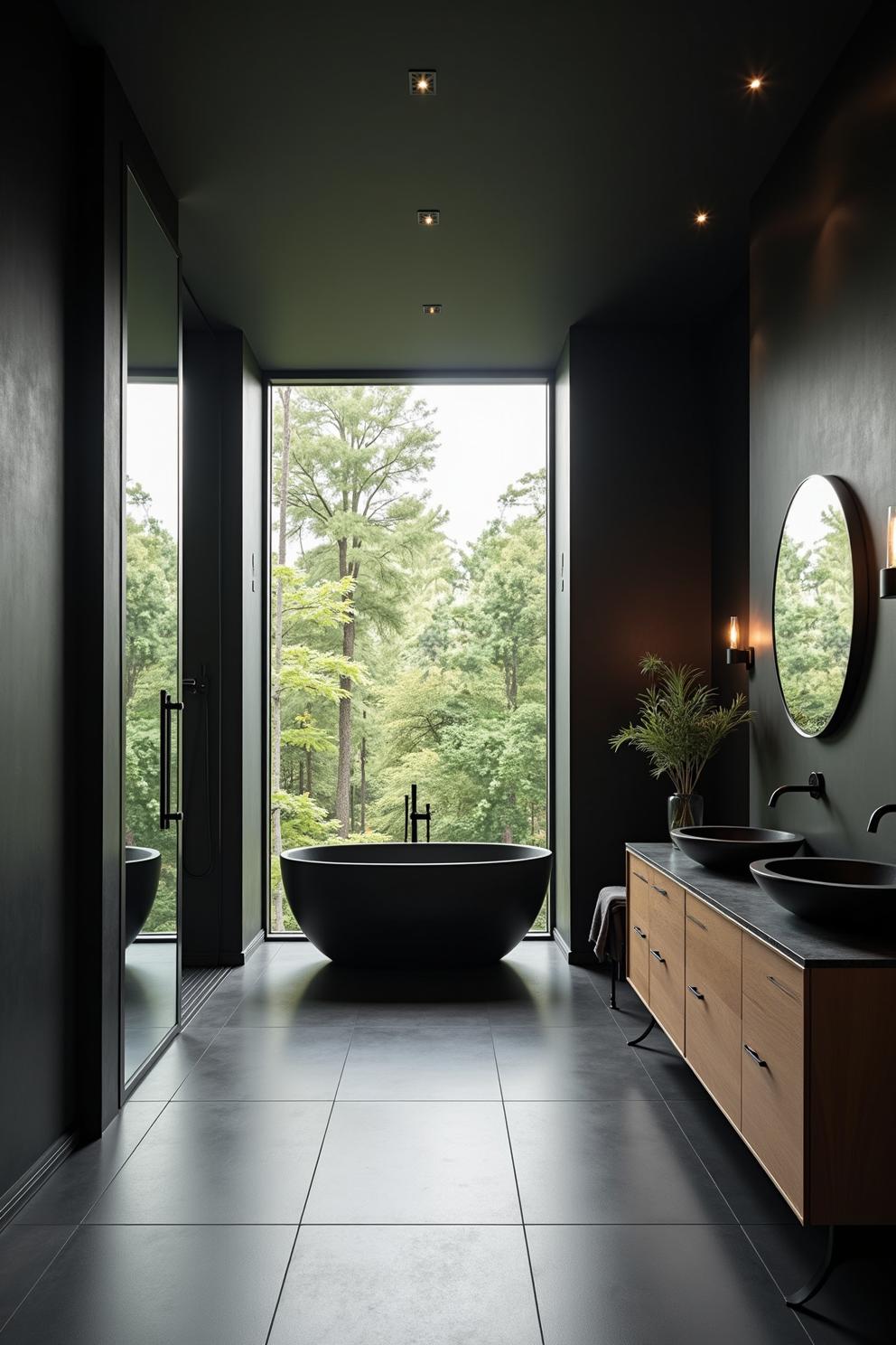 Modern bathroom with large window overlooking lush greenery