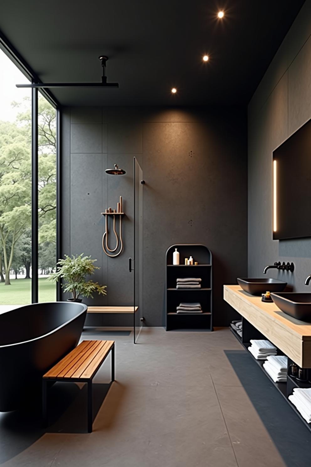 Elegant modern bathroom with black fixtures and large window