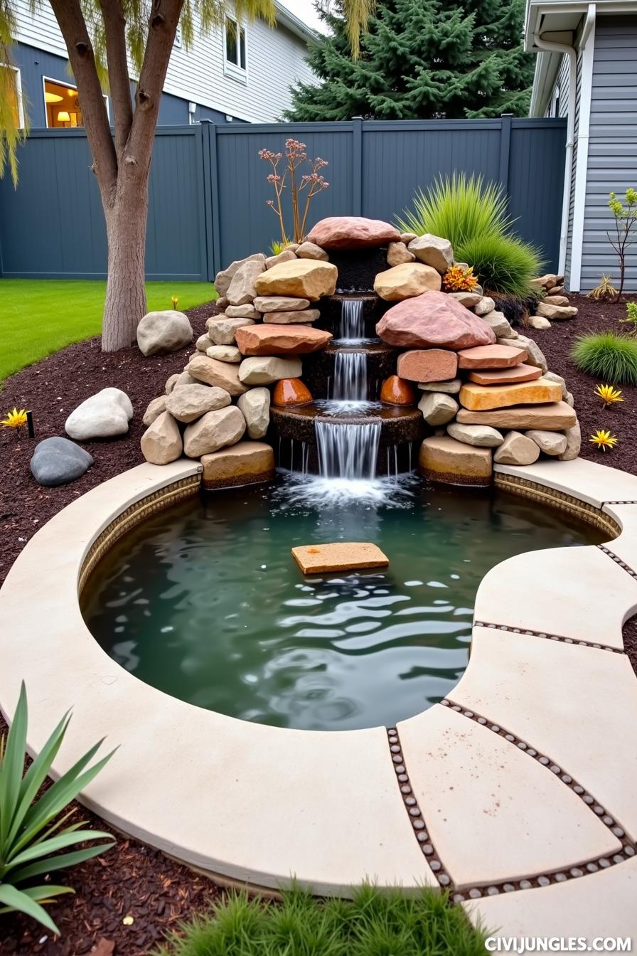 Koi pond with cascading waterfall and lush greenery