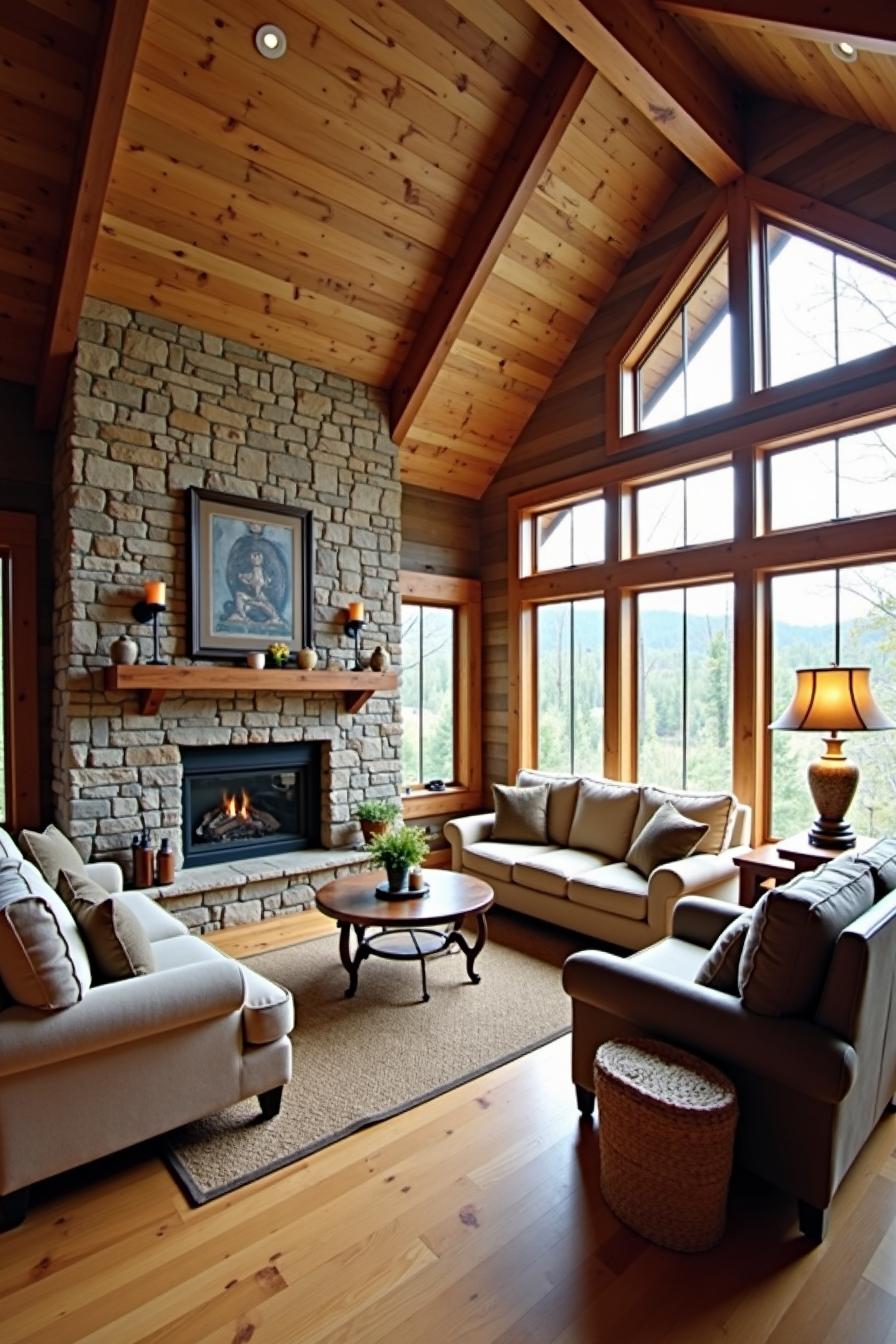 Cozy living room with stone fireplace and large windows