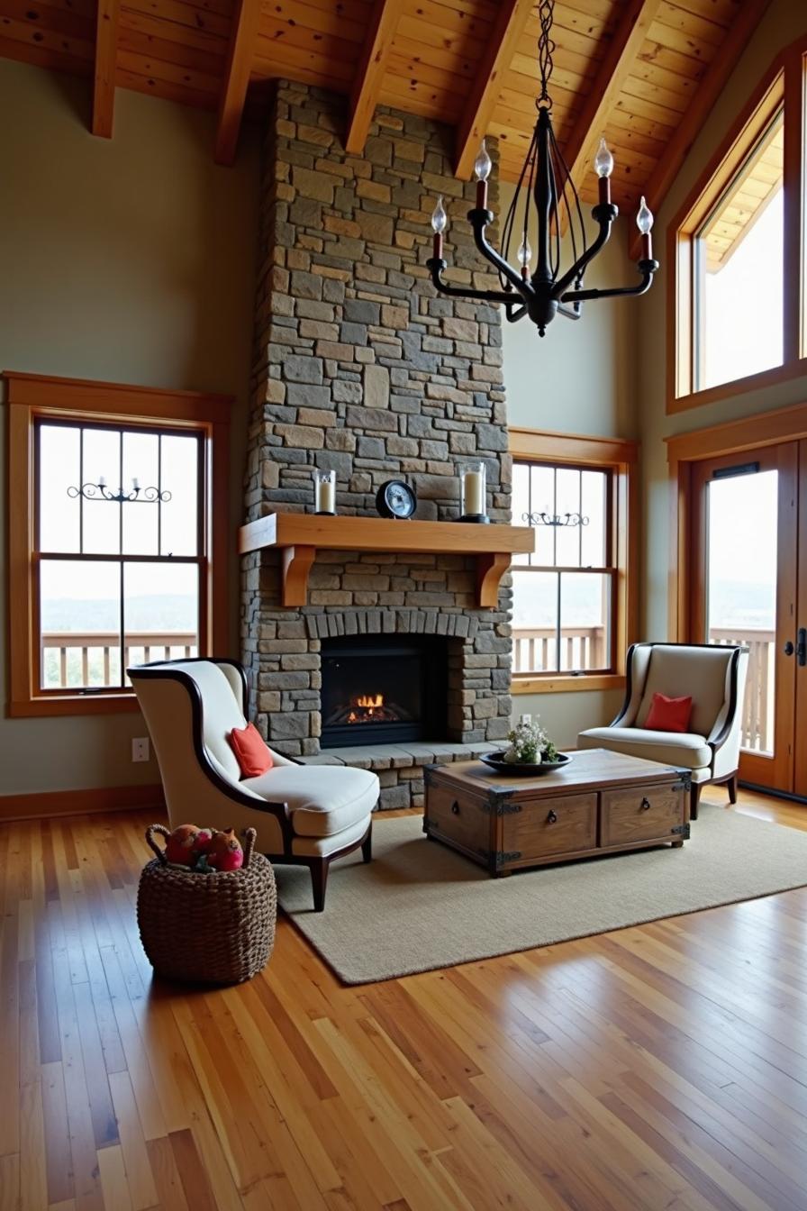 Stone fireplace with wooden mantel in a cozy living room