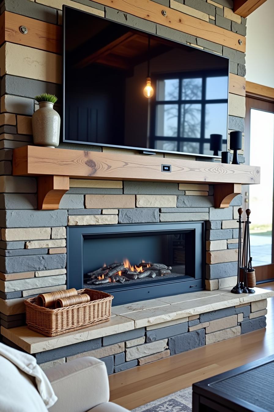 Stone fireplace with wooden mantel and a warm glowing fire