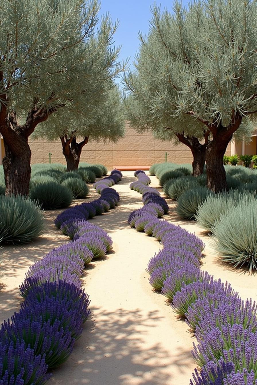 Pathway lined with lavender and trees in a dry garden