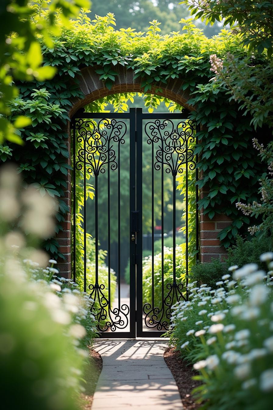 Ornate metal gate entwined with lush greenery