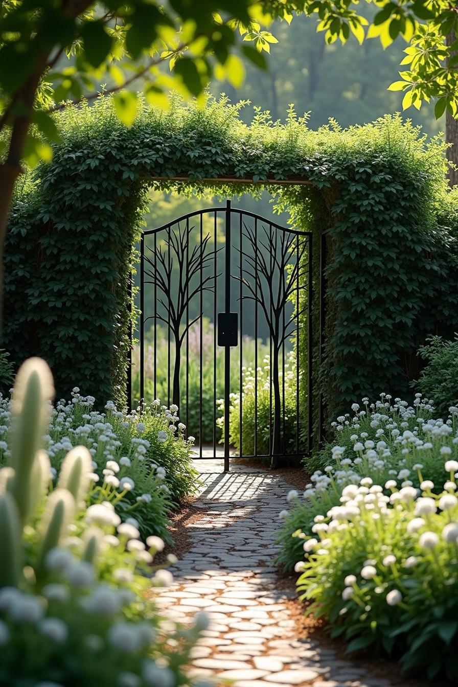 Elegant metal gate framed by lush green archway