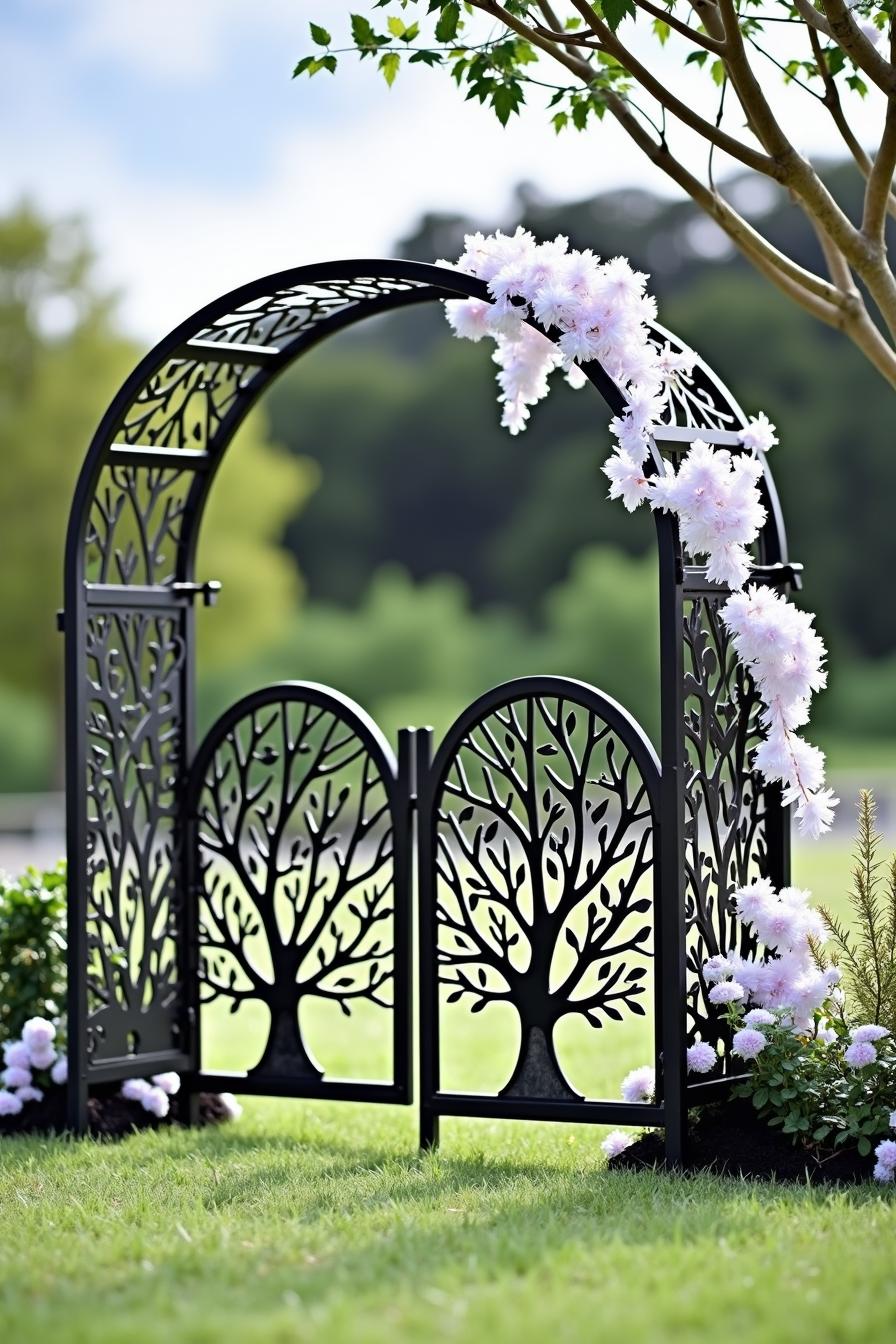 Iron gate with tree design and white flowers