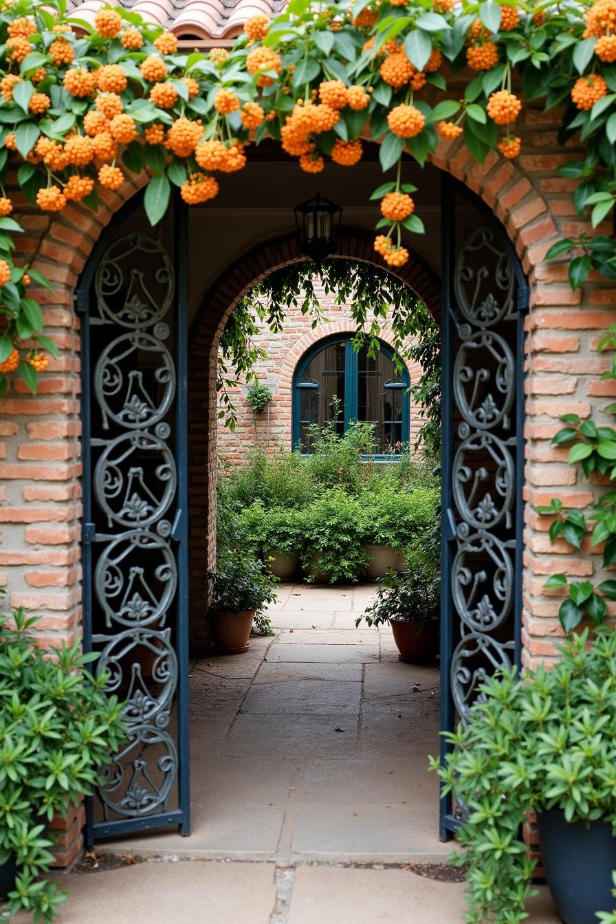 Open iron gate under orange blossom archway