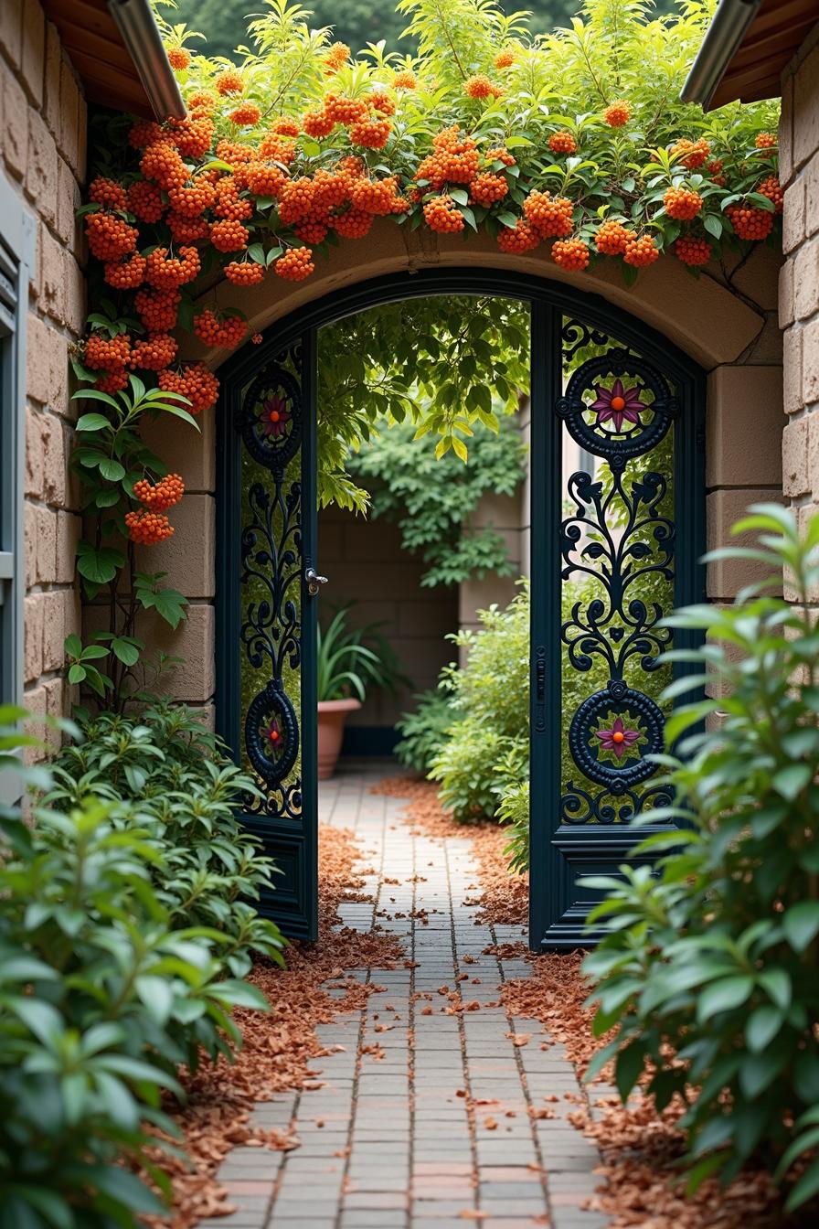 Ornamental iron gate leads to lush garden path