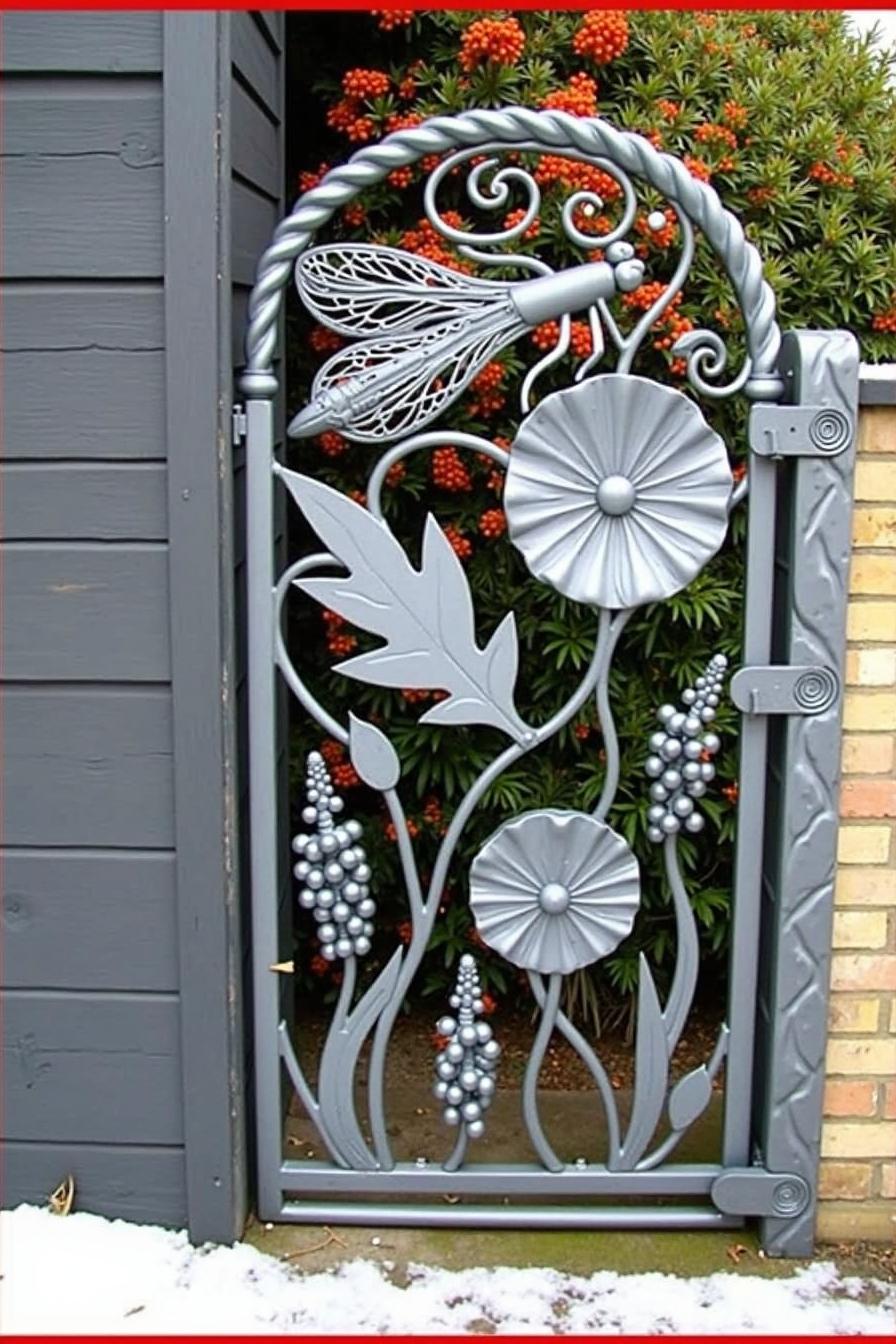 Decorative iron gate with floral and dragonfly motifs