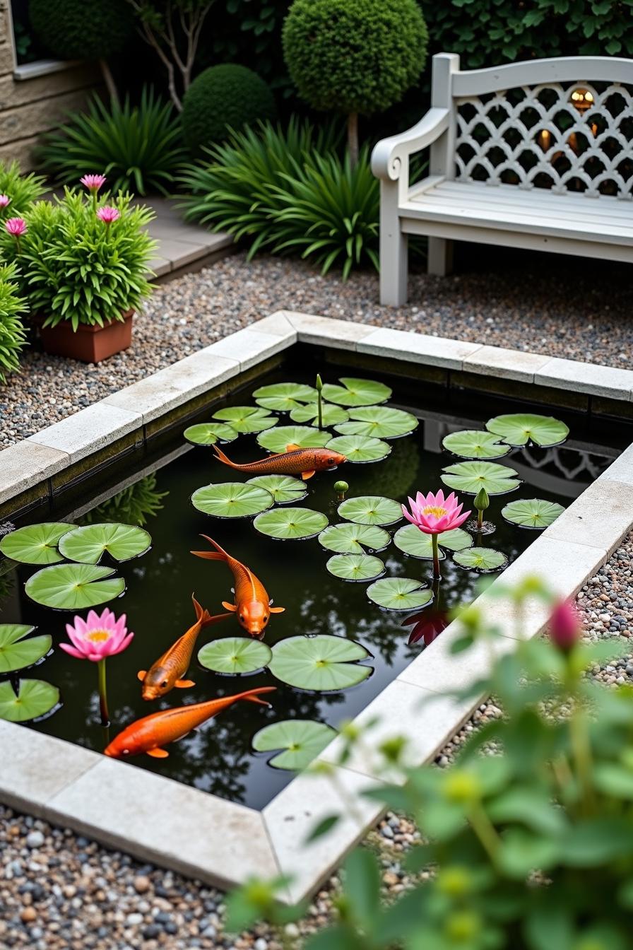 Small pond with koi fish and lily pads beside a garden bench