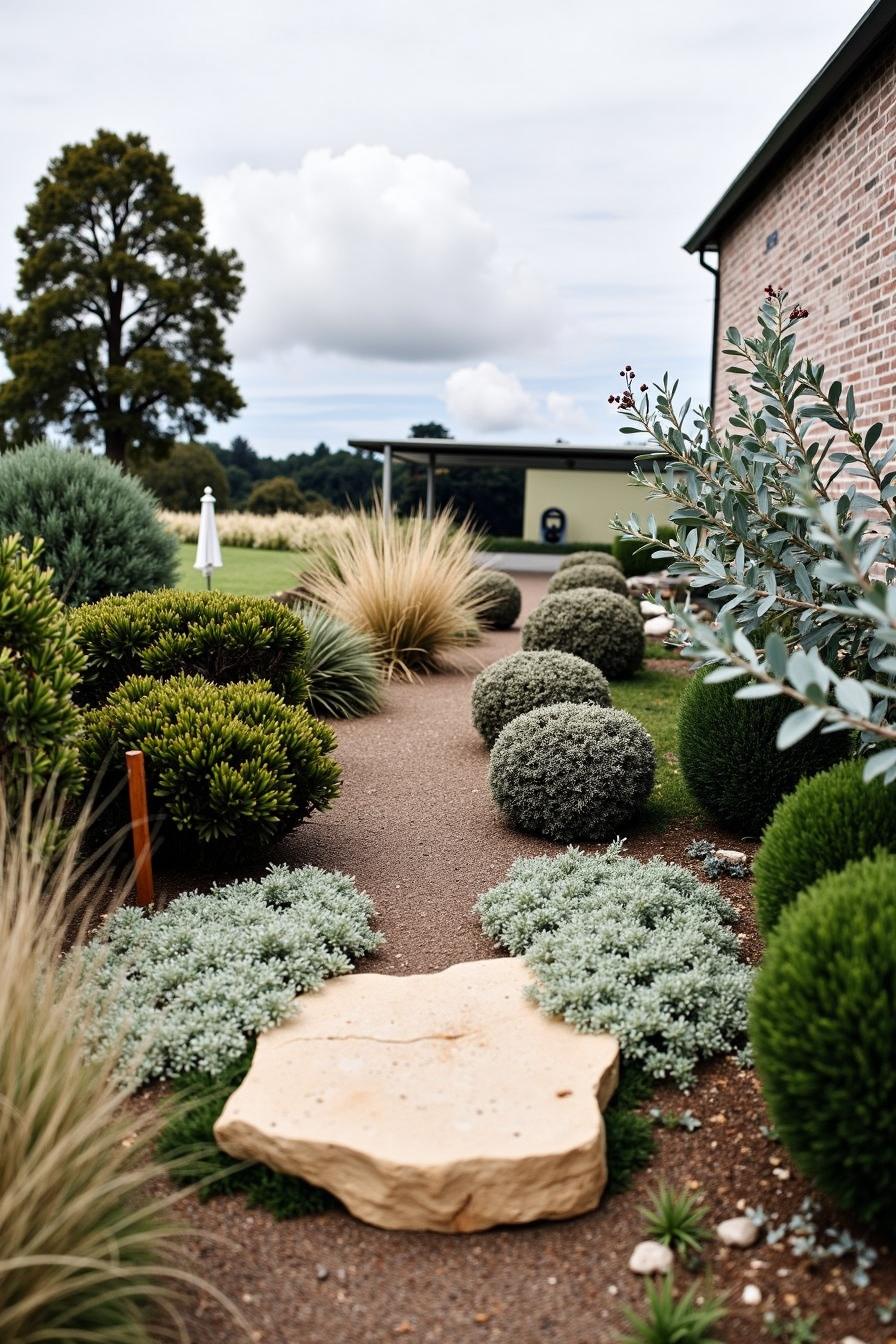 Pathway with shrubs and a large stone slab