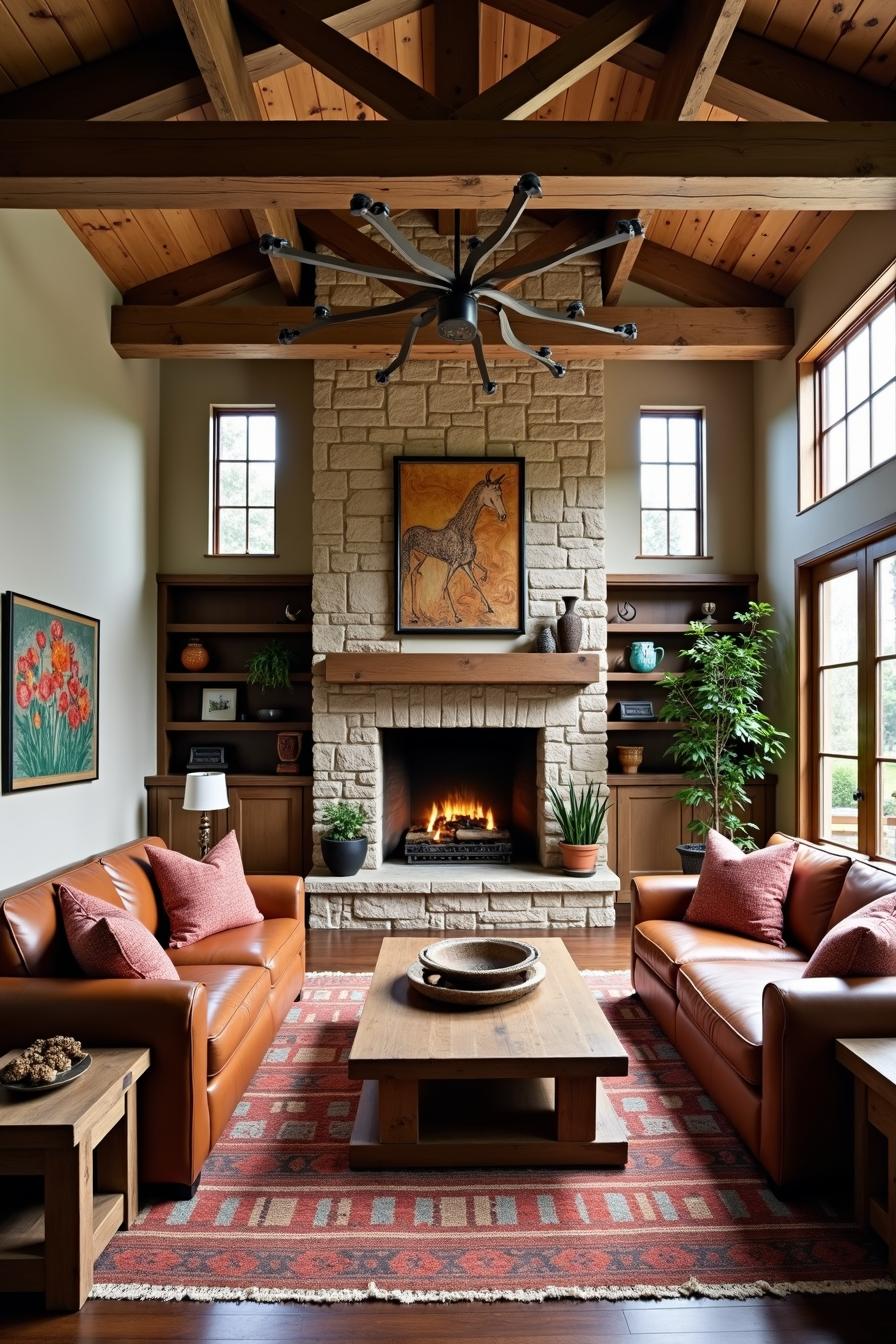 Warm and inviting rustic farmhouse living room with a stone fireplace