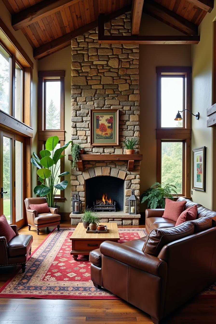 A rustic stone fireplace in a cozy living room with leather furniture