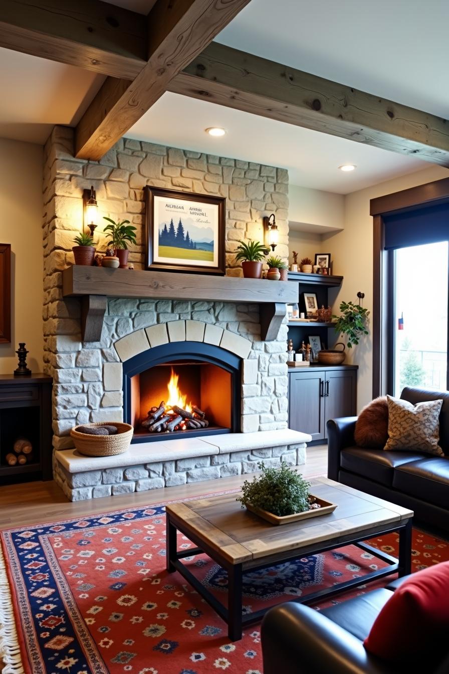 Rustic stone fireplace with a crackling fire