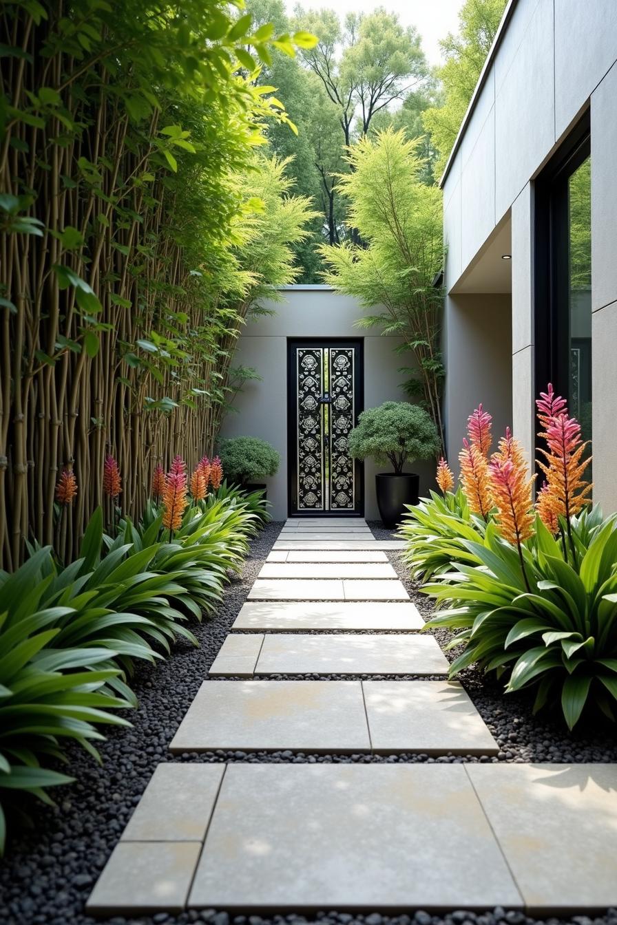 Pathway to a patterned iron gate surrounded by lush greenery