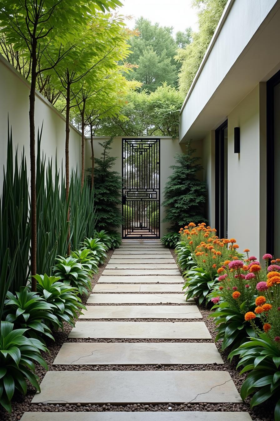 Metal gate leading to a beautifully landscaped garden path