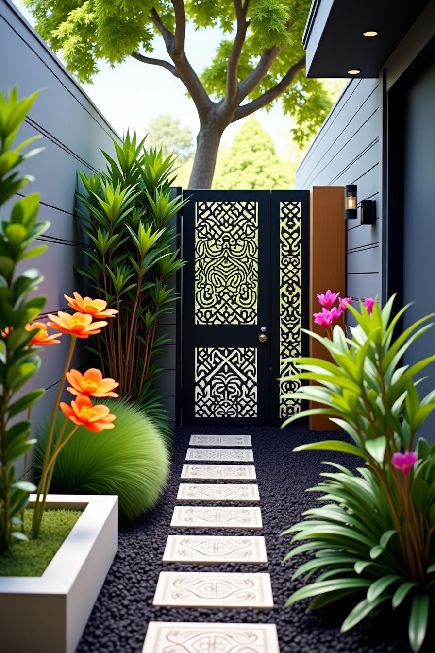 Ornate black iron gate framed by vibrant foliage