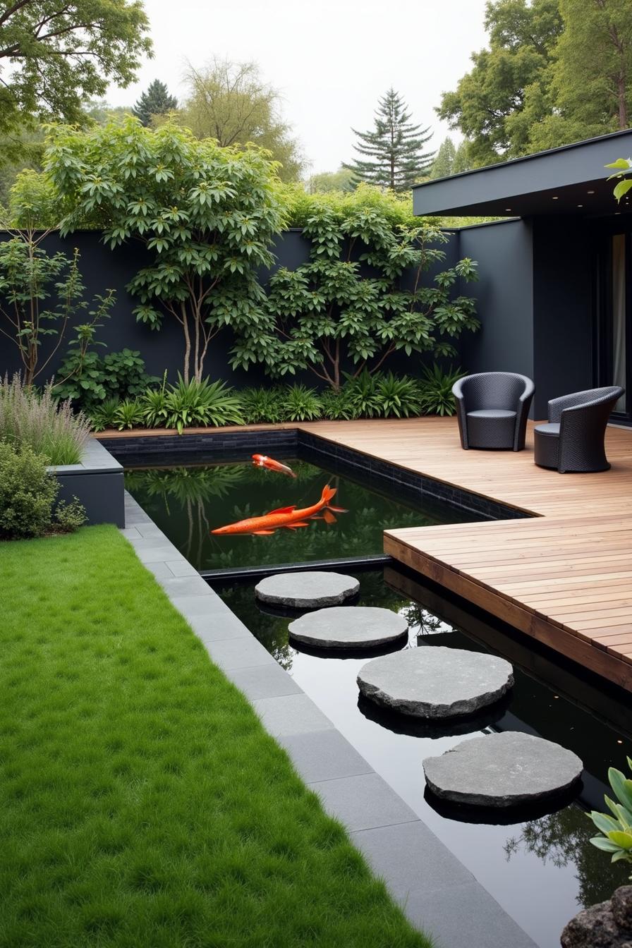 Outdoor koi pond with stepping stones and seating area