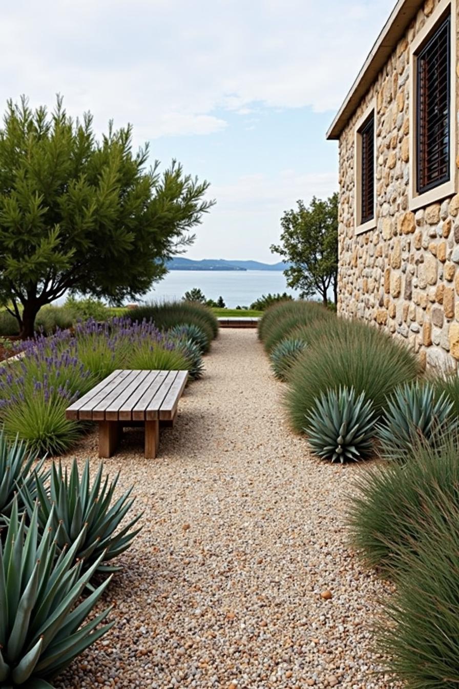 Stone pathway garden with coastal view