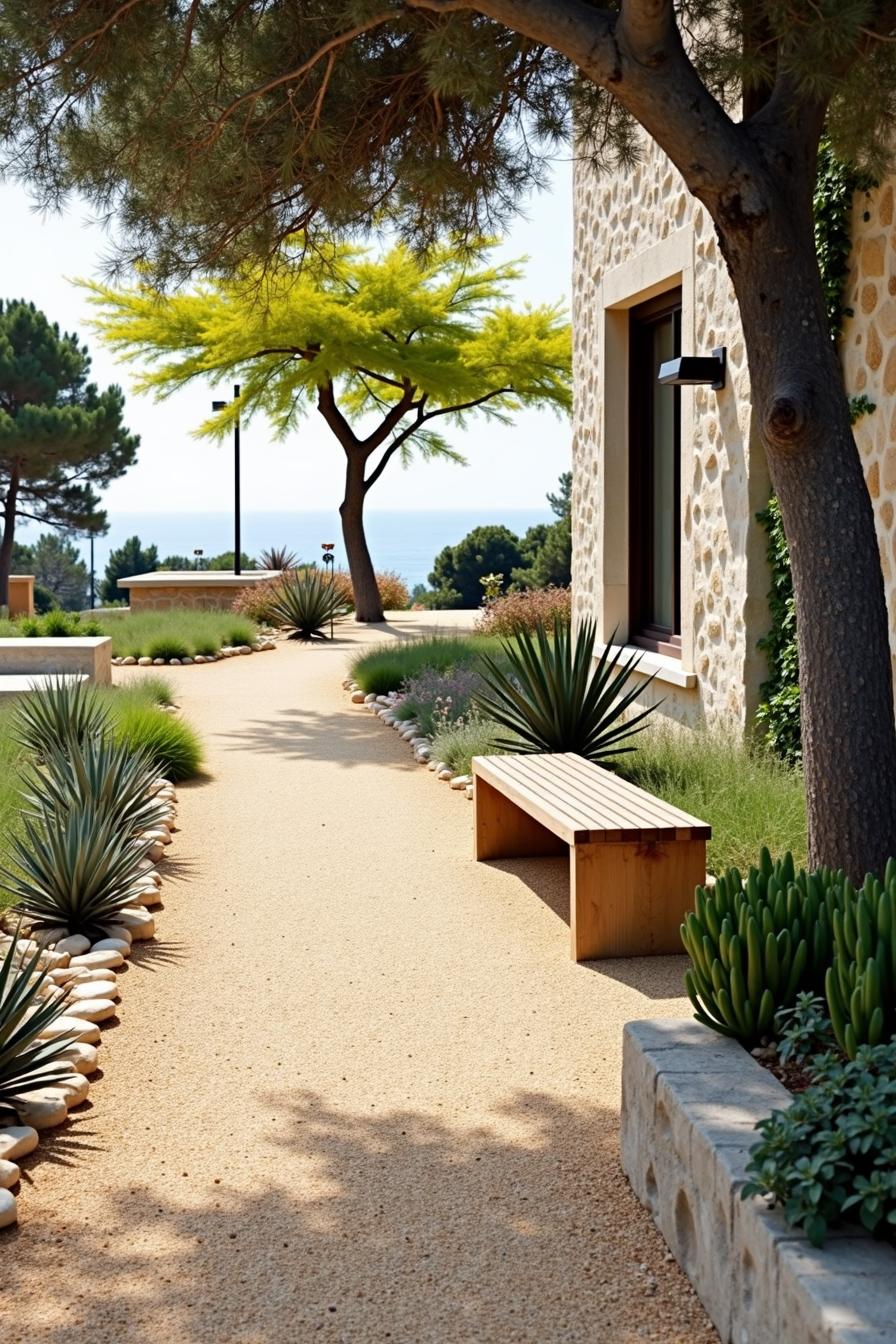 Lush garden path with wooden bench and desert plants