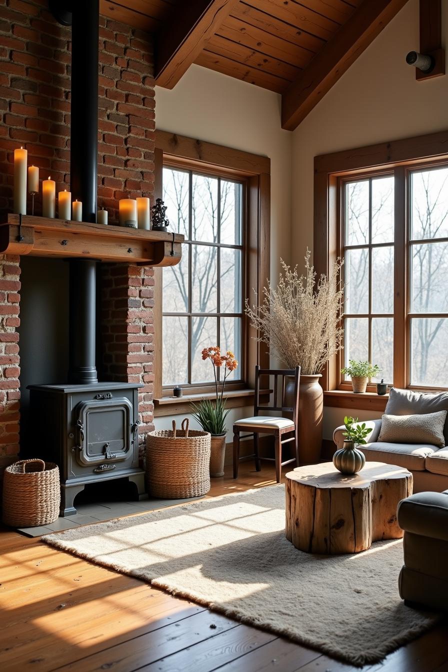 Rustic living room with a wood stove and brick chimney